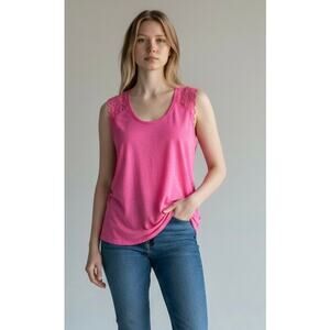 Michael Stars Vienna Lace Tank OS Pink Supima Cotton USA NWT